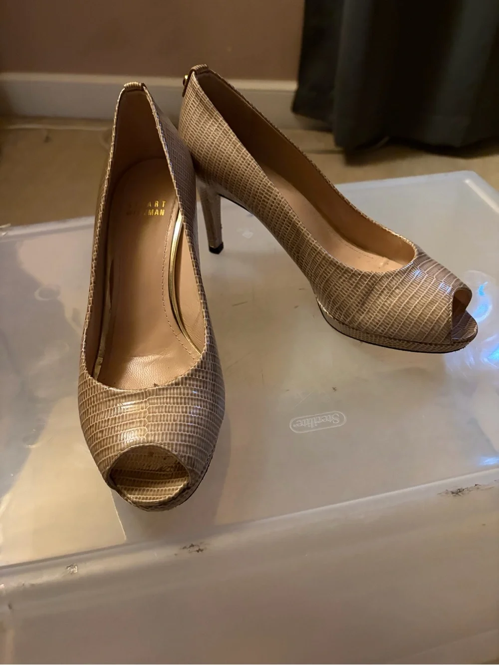 Stuart Weitzman Lizard-Embossed Taupe Peep-Toe Pumps